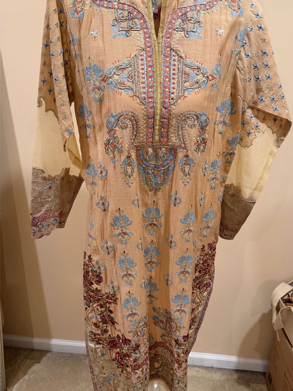 Beige Embroidered Long Sleeve Maxi Dress with Blue Accents
